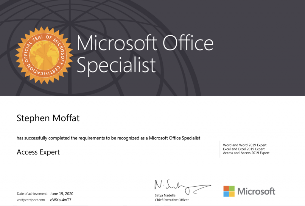 mos certification excel 2019